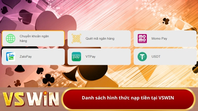 Danh sách hình thức nạp tiền tại VSWIN
